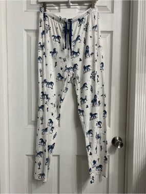 PJ Salvage White Knit Pajama Bottoms with Navy Horse Print Size Large
